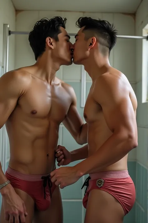 2 Asian guys with 6 packs in briefs showered together and kissed then they had sex