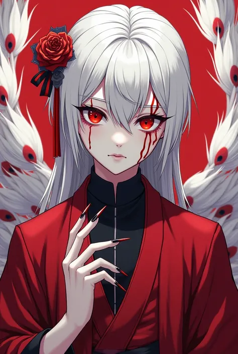 anime Hazbin hotel 

Teenage boy with white hair combed back, long albino, reddish paint on his face, reddish eyes, long nails and Asian clothing with kimono, white and red peacock feathers