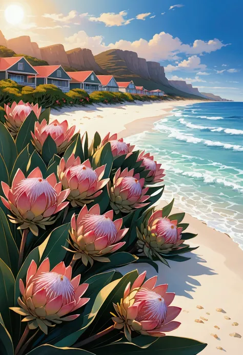 Beach front with proteas