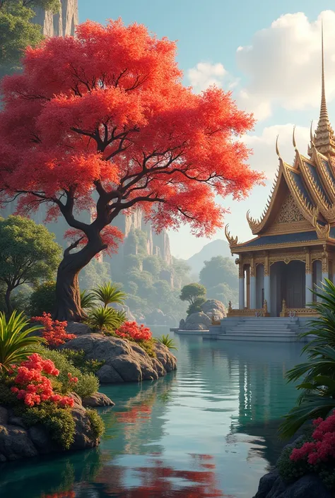 Thailand flame tree with a lot of temple landscape
