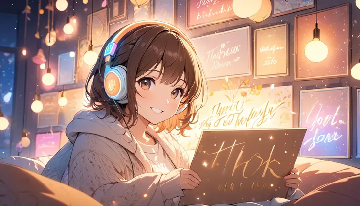 The scene features a cheerful 20-year-old girl with brown hair wearing headphones, surrounded by glowing lights (glowing:1.4) in a relaxing, cozy room. Shes holding a sign that reads thank you with a big smile. The background is warm and soothing, filled w...