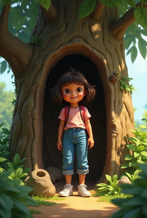 Dora the Explore wearing high-waisted mom jeans in the secret treehouse