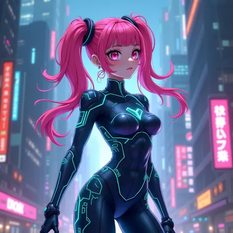 A stunning anime girl with neon pink hair styled into twin tails, wearing a futuristic, form-fitting bodysuit glowing with neon blue circuitry patterns. She stands confidently in a high-tech cityscape filled with holograms