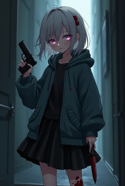 A anime girl with light long pink hair, light pink cold eyes with some little purlpe and little blue. She is quite shy, quiet and naive.Wearing full black skirt with black shirt with black oversized hooded jacket. Holding a gun. Holding bloody knife inside...