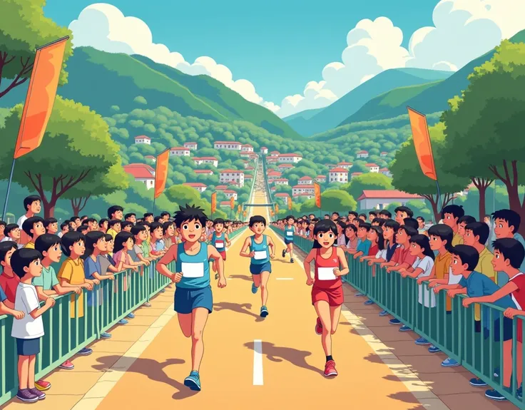 Ghibli style　Marathon runner　 illustrations　Many runners 　cute　flat　Supporters　 Japanese