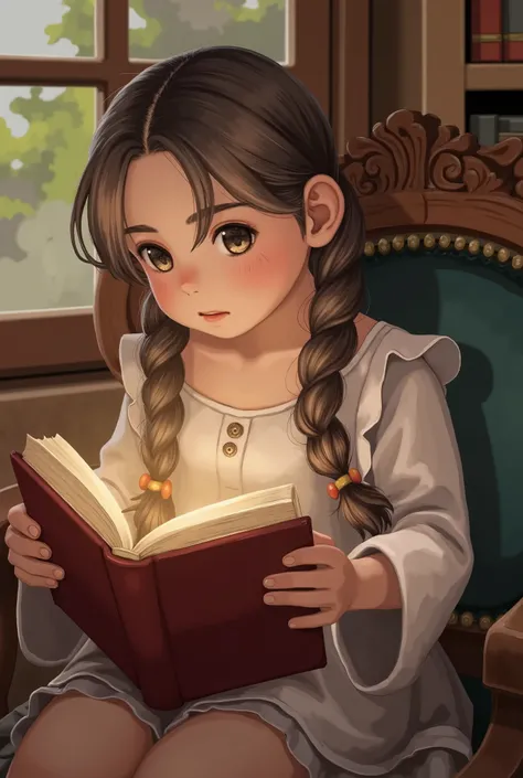 (masterpiece、 top quality、 top quality、 Official Art 、 beautiful and beautiful :1.2)、8-****-***、 cute girl、Downcast eyes, (( focus : Baby hair on the nape ,  braid hair)),  reading a chunky book in the library,