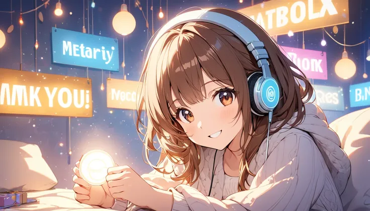 The scene features a cheerful 20-year-old girl with brown hair wearing headphones, surrounded by glowing lights (glowing:1.4) in a relaxing, cozy room. Shes holding a sign that reads thank you with a big smile. The background is warm and soothing, filled w...