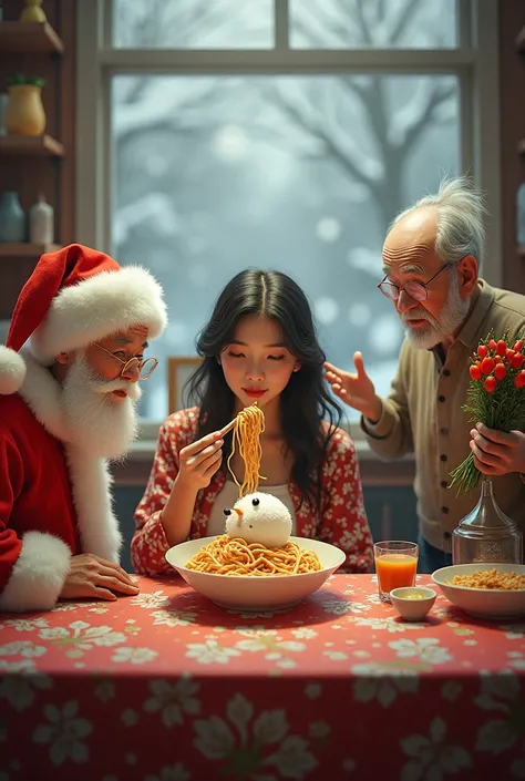 Create a picture of a  eating noodles with a fleshy Santa Claus and having a snowman as a meatball, she sits eating in the house and has an elderly epic holding peppers and waving.