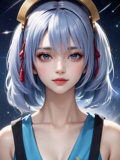 masterpiece， top quality，8k， Detailed Skin Textures ， detailed cloth texture，Beautifully detailed face， complex details， super detailed ，Portrait of Rei Ayanami， Silver Hair，Red colored eyes， black headgear on the head， pubic skin、 hair ornament,金の hair or...