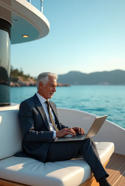 A rich man in a Yacht use laptop while sitting