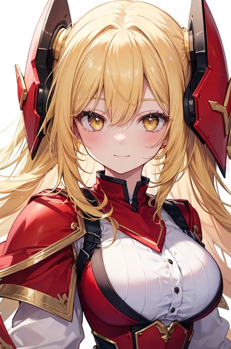 Masterpiece, ((1 girl)), ((Best Quality)), (Ultra-detailed), Highly detailed, (Portrait), ((Big breasts)), ((Long Hair, Yellow hair, Yellow eyes)), ((17-years-old, Young girl)), ((White Skin)), (Red Armor Iron Dress), Daytime, (detailed face), Smiling, Pin...