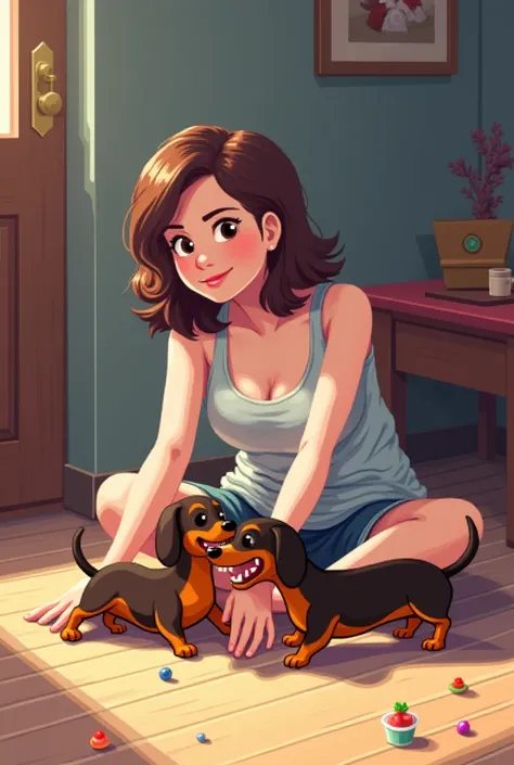 Make a pixel art of a brunette woman sitting on the floor playing with two sausage dogs