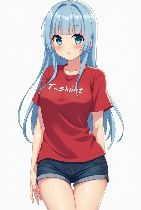 An anime type girl.

 Light blue hair straight up to the waist , A large bust, a small waist ,  large hips ,  of light and soft skin , sus ojos de color cafe claro y vestida con una T-shirt roja que diga "T-shirt"  in Japanese and tight minishorts that sit...