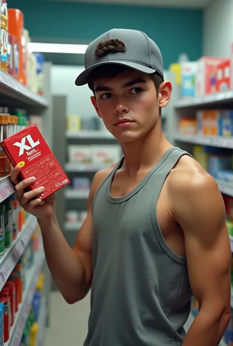 Boy 18yo, fit, realistic, string tanktop, baseball cap, on drugstore, buying condoms, printed XL condoms on pack