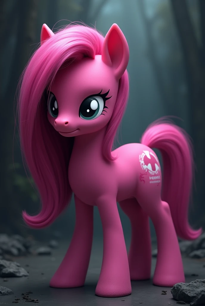 Write a character with a straight Earth Pony with hair up to her chest and a dark personality with pink color all over her body