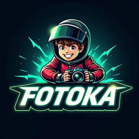 The motorbike racing team logo with icon boy and camera 
 reads FOTOKA colour reads glow with a concept image of a glow blue with greenBacklighting, 