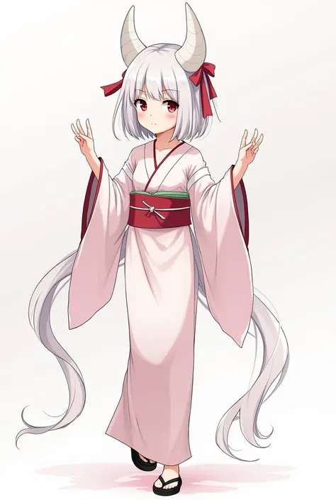 girls 
younger 
Demon girl 
I have small horns growing on my head 
The color of the horn is white 
There is a crack in one corner 
The hair is white 
Wearing a kimono 
The furunose is apart 
There is a big ribbon under the furuncle 
 The color of the kimon...