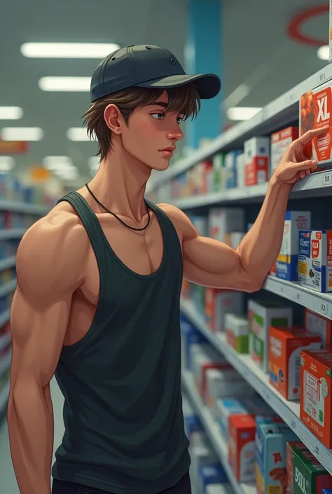 Boy 18yo, fit, realistic, string tanktop, baseball cap, on drugstore, buying condoms, printed XL condoms on pack