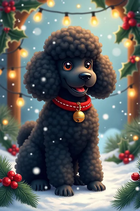 Draw a picture of a  black poodle in Christmas version