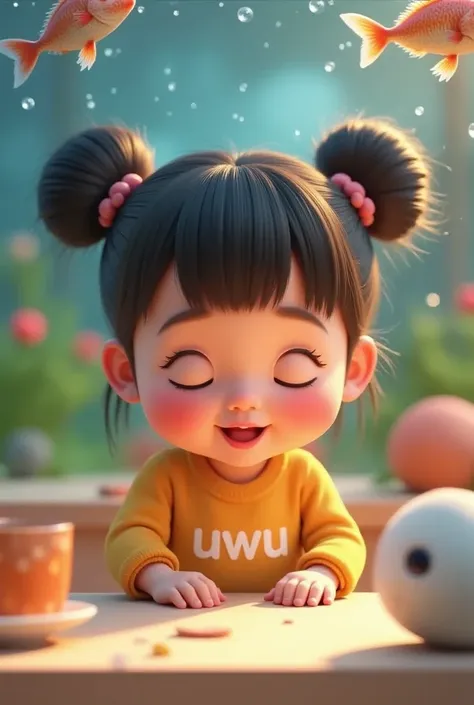 A cute and adorable  girl with her hair styled into two high buns and bangs, her hair strands gleaming like crystal. She’s a beautiful  with rosy cheeks, wearing an outfit with the word “uwu” printed on the front. She’s happily playing with fish in an aqua...