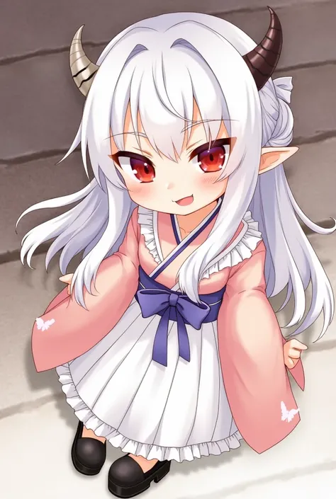 girls 
younger 
Demon girl 
I have small horns growing on my head 
The color of the horn is white 
There is a crack in one corner 
The hair is white 
Wearing a kimono 
The furunose is apart 
There is a big ribbon under the furuncle 
 The color of the kimon...