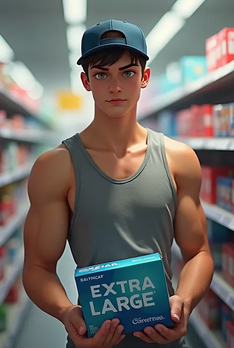 Boy 18yo, fit, realistic, string tanktop, baseball cap, on drugstore, buying condoms, printed ( XL condoms )on pack