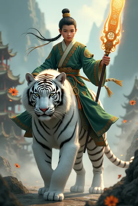 A highly detailed digital artwork of a stout young warrior from the Qin Dynasty riding a majestic white tiger. The warrior wears a traditional hanfu with intricate Qin-era patterns in deep green and gold, designed with a modern digital art touch to highlig...