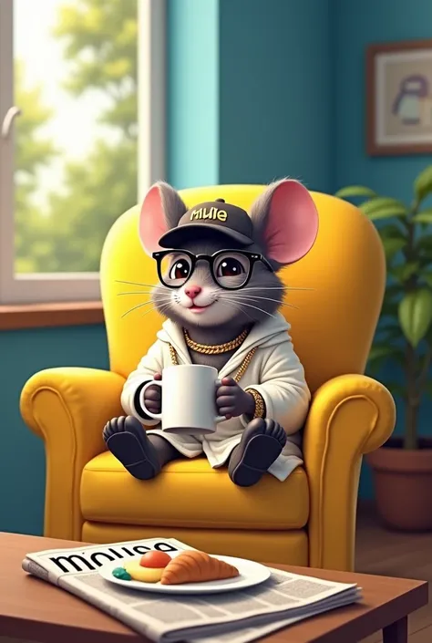 Digital illustration Mouse  sitting on a yellow armchair in a living room with full attitude. the mouse is wearing, glasses,chain,watch, cap and white robe and has a big smile on its face. it is holding a white coffee mug in its paws and appears to be enjo...