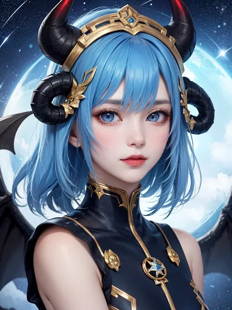 masterpiece， top quality，8k， Detailed Skin Textures ，DETAILED CLOTH TEXTURE，  beautiful detail face with black horns on the head ，  Intricate Details ， ultra detail ，Portrait of Rei Ayanami， blue hair，Red colored eyes，Devil horns on head,Pixieカット，Glowing S...