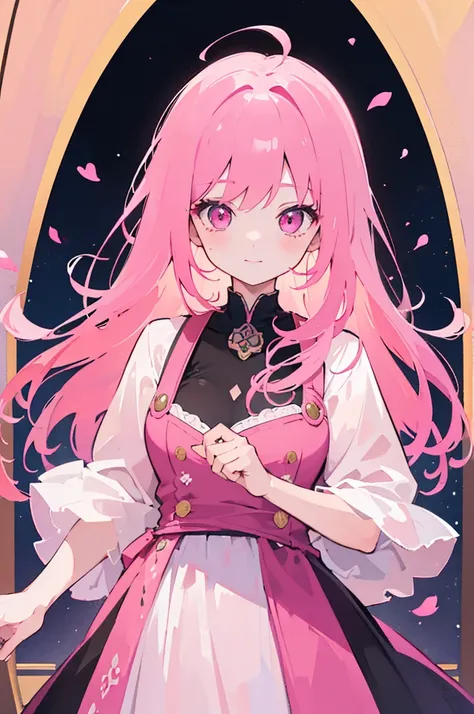 1 woman, (((High quality))), ((masterpiece)), (bright),  pink hair ,  Pink Eyes ,  smiley face, Blush on cheeks,  wave hair, exposure,  medieval fantasy,  , dress