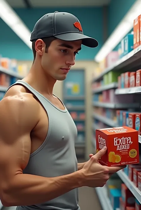 Boy 18yo, fit, realistic, string tanktop, baseball cap, on drugstore, buying condoms, printed ( XL condoms )on pack