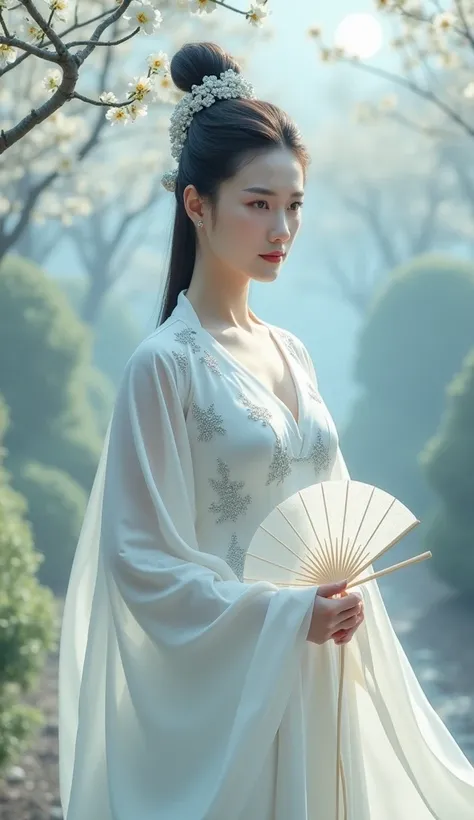 "Create a full-body portrait of the Flower Palace Master, a legendary figure from Chinese wuxia stories. She is an incredibly beautiful and commanding woman, wearing a minimalist yet regal pure white silk gown, with elegant, subtle embroidery of silver flo...