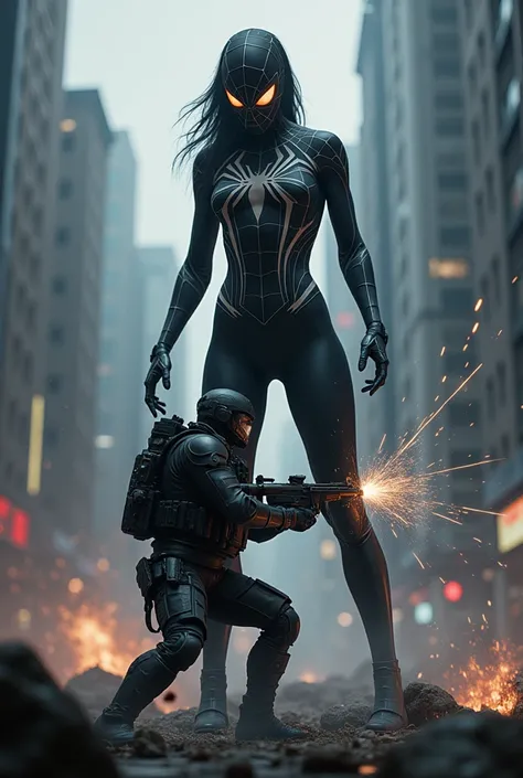 Giant female black spiderman vs military man