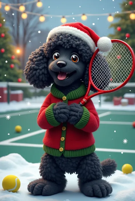 Draw a picture of a  black poodle in Christmas version with tennis racket playing