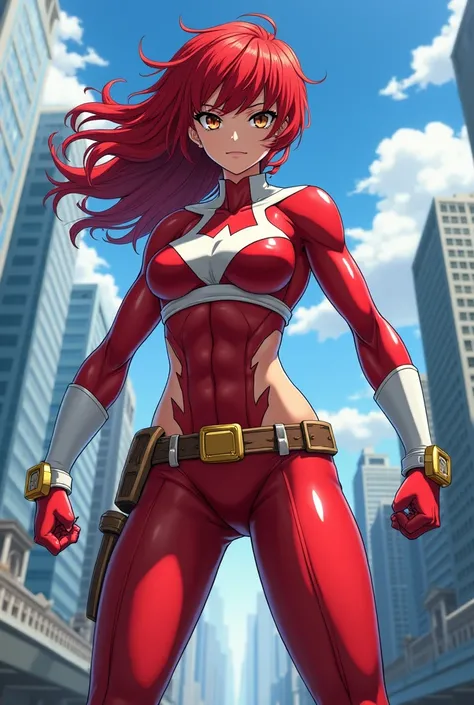  My Hero Academia style ,   anime girl , woman, young woman ,  full body shot ,( Fighting Stance :1.3),Long Hair, Red Hair,   Brown Eyes , hero suit, Full Body Suit,  red suit with white details, perfect anatomy,  enhanced abs , super detailed,(building:1....