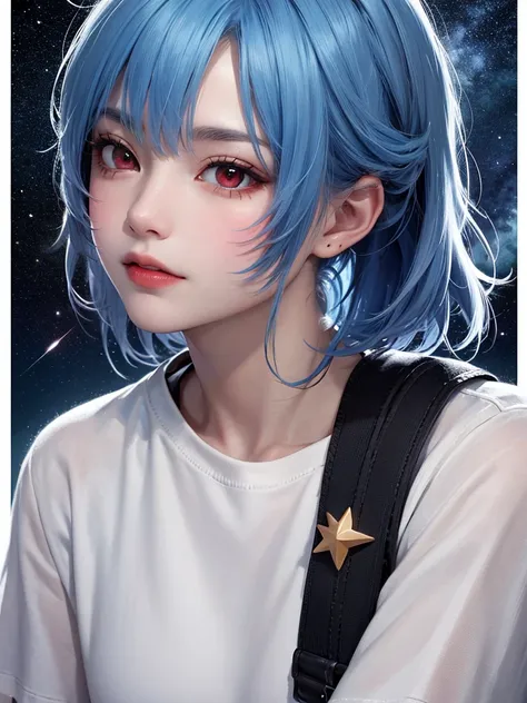 masterpiece,  top quality, 8k,   Detailed Skin Textures  , DETAILED CLOTH TEXTURE,   beautiful detailed face  ,   intricate details ,  more, Portrait of Rei Ayanami,Pixieカット,  blue hair,  red eyes,  Black Accessory on Head, red eyes， Light Blue Starry Back...