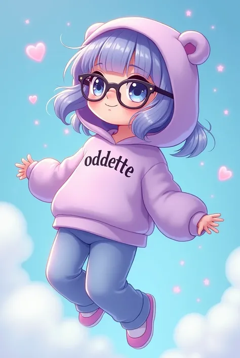 Multicolored Loli, fly away, romantic nerd style, delicate and elegant glasses, sweatshirt,got on ODDETTEnamed on  t-shirt,hood,Pants, pastel shades blue and lilac,  multicolored, sweet and delicate smile,  whole body, delicate eyes and multicolor hair, mo...