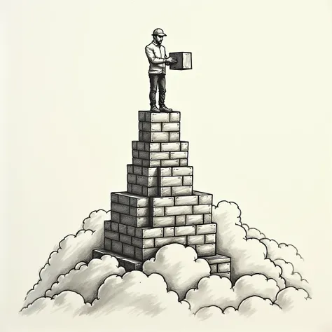  I want someone building a tower block by block,  he must be on top of the tower with a block in his hand as if it were a castle tower, The person may be of a type as if drawn . The castle must be at the height of the clouds as if it symbolizes hard work