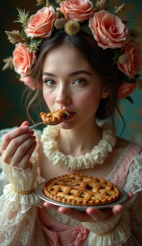 Close-up of a  in a Christmas rose costume, taking a bite of pie."