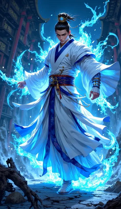 a most powerful handsome Young Chinese immortal cultivator very powerful blue aura emanating around him so powerful that surrounding space is shattering because it cant bear this magnificent majestic aura of immortal cultivator, wearing white Taoist Robe a...