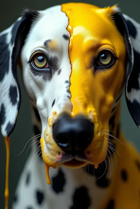 “Create a highly detailed, surrealistic image of an anthropomorphic Dalmatian with half of its face appearing organic and smooth, and the other half transformed into a molten, cracked texture with vibrant yellow liquid dripping down. The Dalmatian stares d...