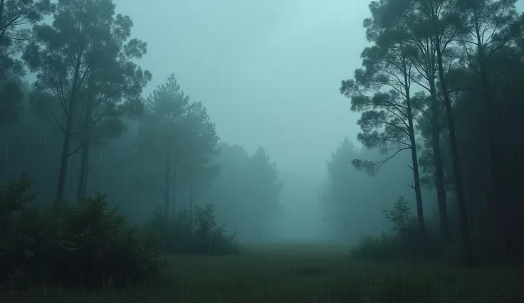 The atmosphere in the afternoon during heavy rain on the outskirts of a dense forest with slightly misty trees and bushes, all of this can be seen from a distance