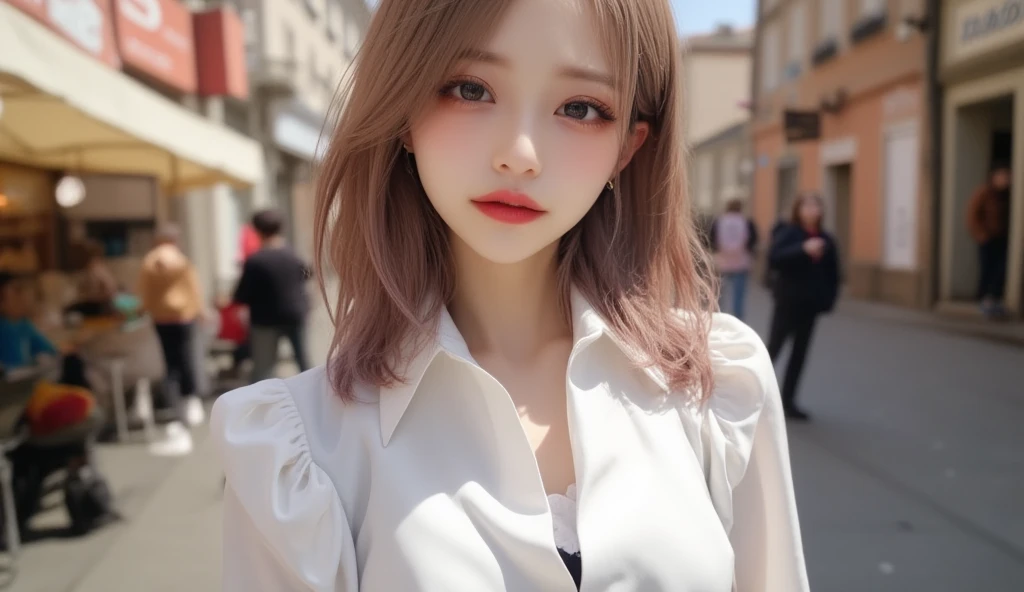 (masterpiece,  best image quality , 8k),Super realistic,  real photo ,Idol appearance,Prague Street ,Clear day ,adult,  perfection of fashion,The warm sunshine is falling, white shirt,blouse, Korean Makeup, Lip Tint, full body, frontal, faint smile,Outdoor...