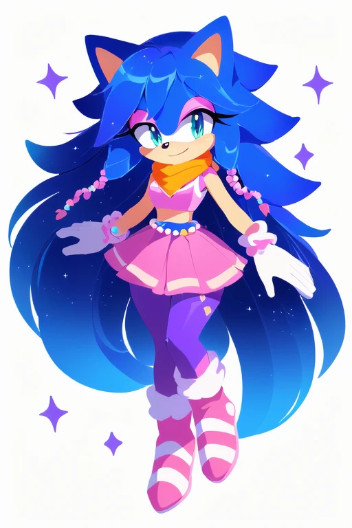 Sonic oc, Mobian, female, Cosmic hedgehog, A beautiful light blue hedgehog, purplish blue eyes, very long hair/quills, braided and beaded long hair bangs, long streaks of hair on each side of her face, (star constellation on hair, beads on hair, smooth fur...