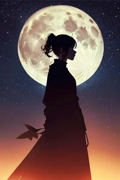  top quality,Big moon and shadow,A silhouette of a person can be seen against the backdrop of a large moon.,There is one full moon,There is a mood, beautiful scenery, starry sky 