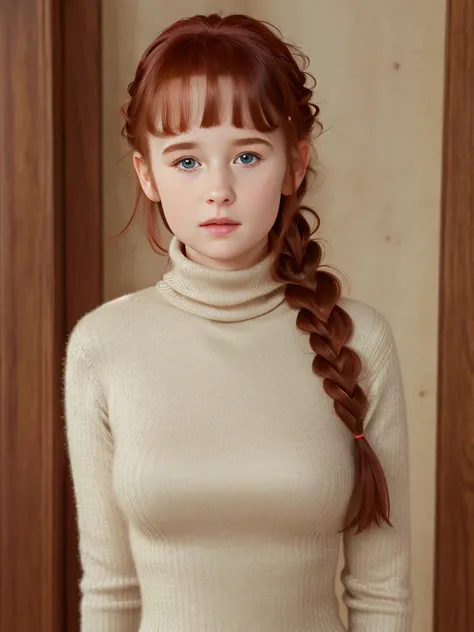 (best quality,4k,8k,highres,masterpiece:1.2),ultra-detailed,(realistic,photorealistic,photo-realistic:1.37), ((woman, turtleneck dress, shy, pale skin)), ((very large bust size for her young age)), braided red hair