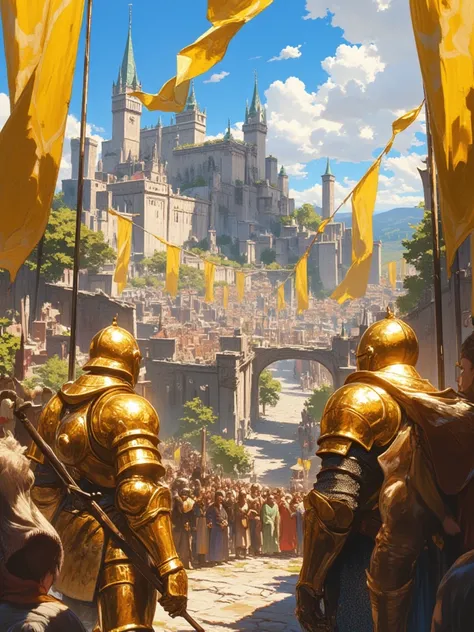 European medieval kingdom, Christian city, city castle, bustling with knight in golden armor guarding the door, golden flag