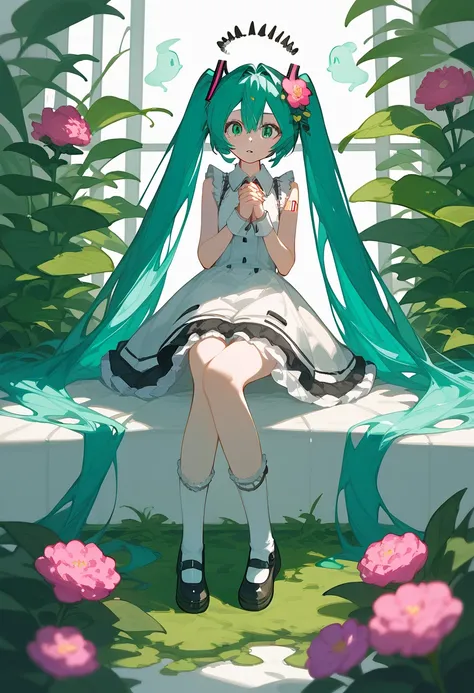 WALLPER,fengjing,as ghost mode,1girl,1girl,solo,long hair,bangs,hair ornament,dress,hair between eyes,twintails,sitting,very long hair,green eyes,full body,flower,frills,parted lips,green hair,shoes,sleeveless,socks,hair flower,black footwear,white dress,w...