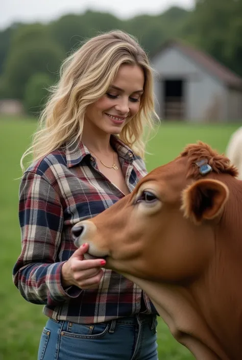 Hollywood actress Margot Robbie feeding the cow 