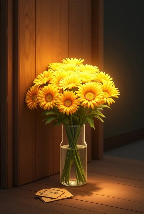 Bouquet of golden daisies flowers in a glass vase stands in a dark room on the floor under a wooden wall and prices from a bouquet